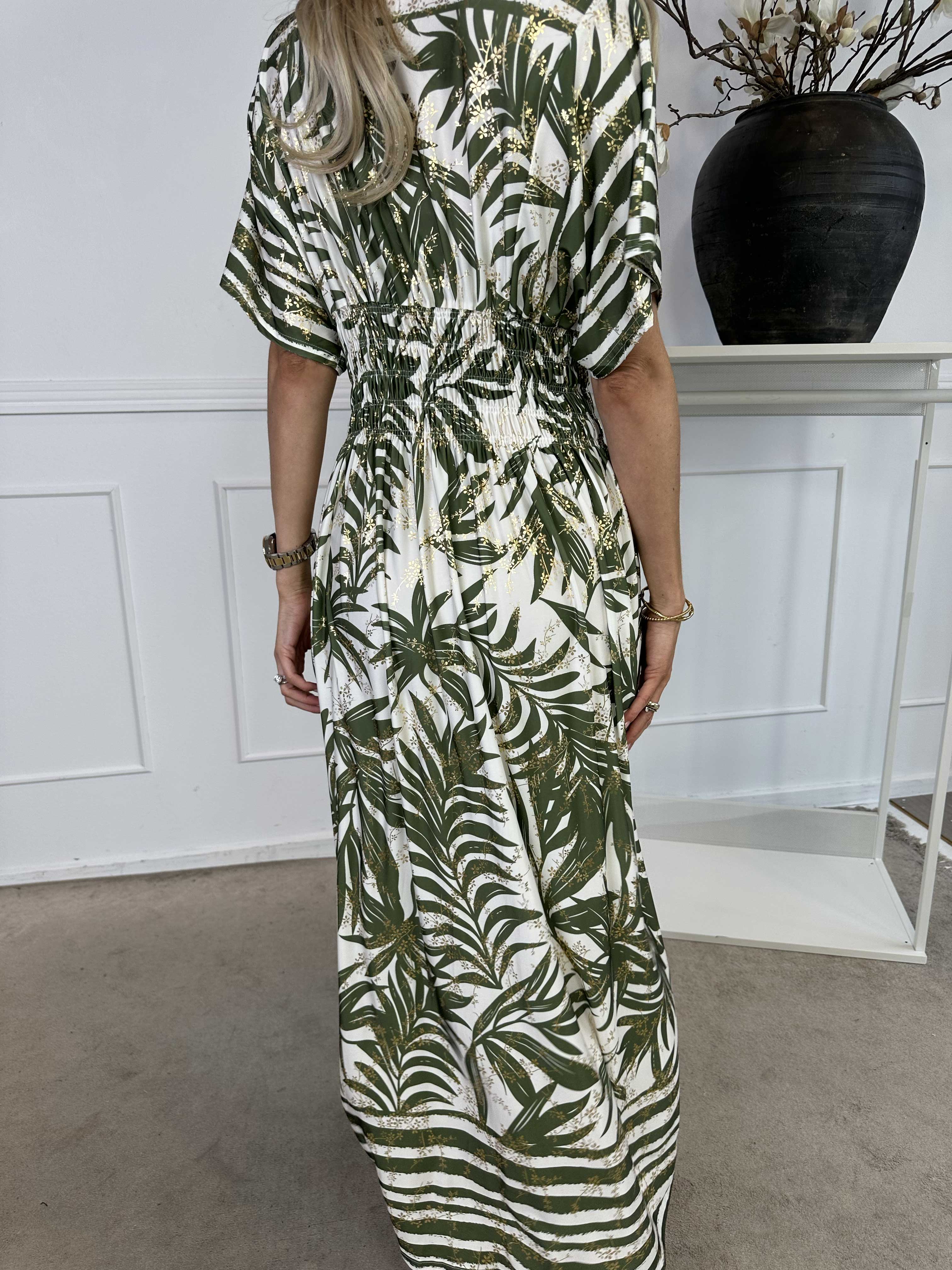 Pams Palm - Lang elastisk kjole med palmeblade og smock i livet